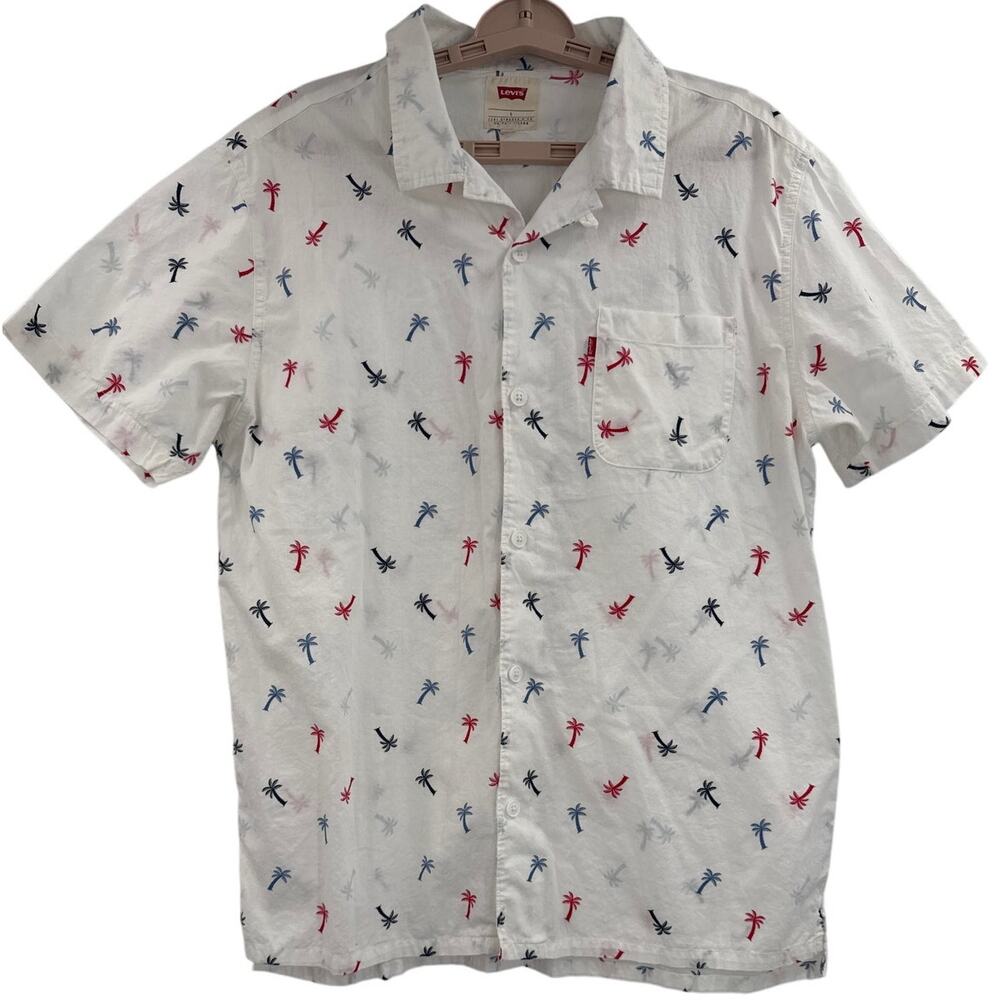 LEVI'S STRAUSS & CO. button down shirt white with red and blue palm trees size L